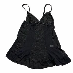 90s European Vintage Floral Embroidered Mesh Slip Dress (Black) Size M